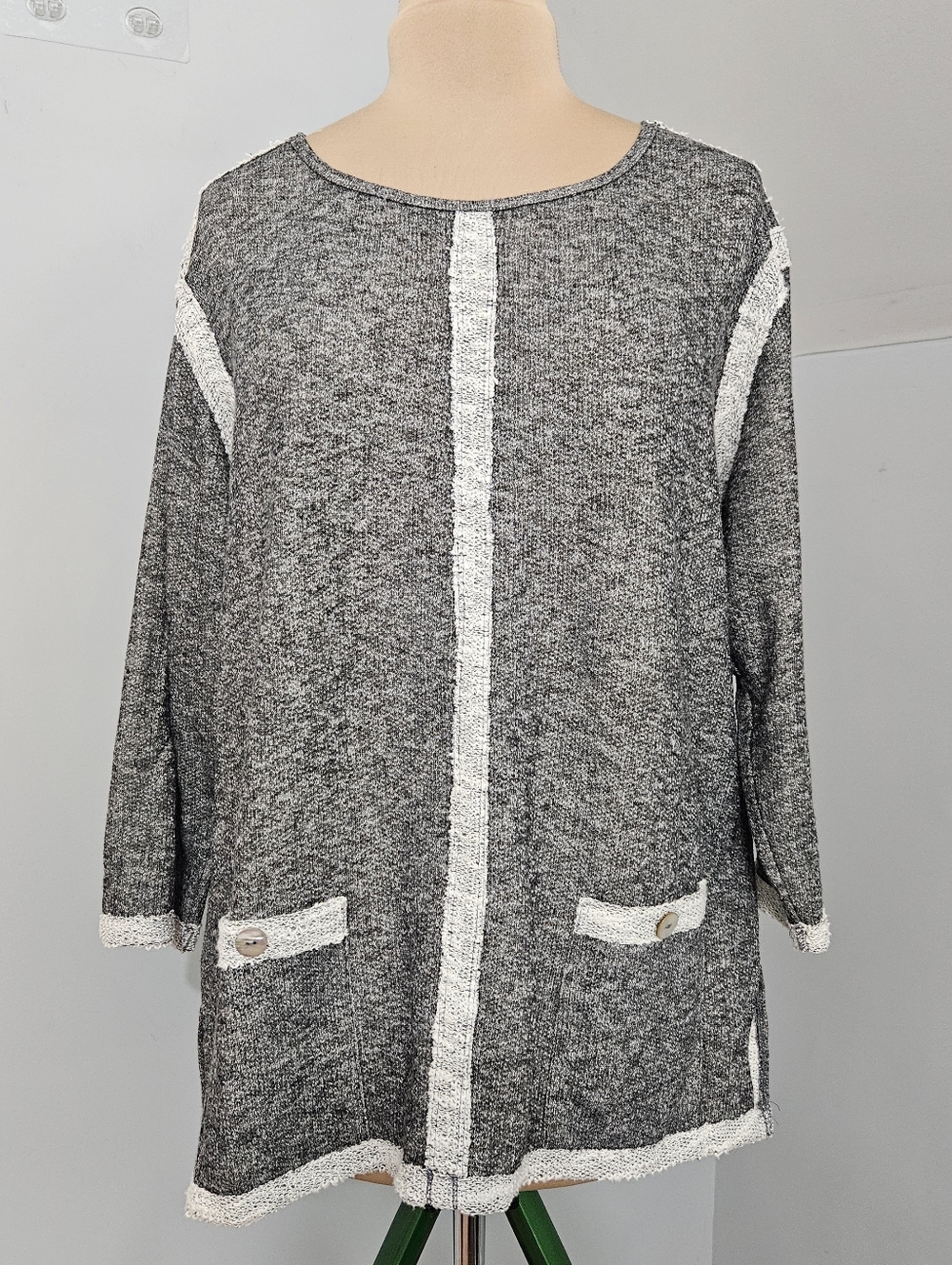 Ali Miles Gray Marled Knit Tunic White Lace Trim Pockets Long Sleeve Top XL